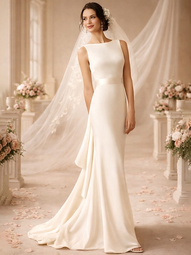sheath column wedding dress scoop neck sleeveless stretch fabric, supplier image 1