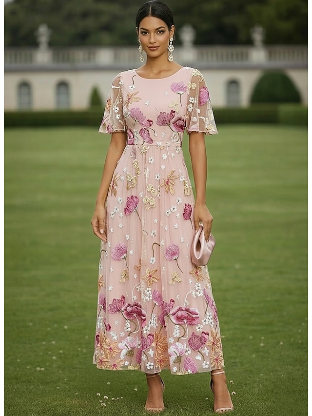 a-line ankle length mother of the bride dresses wedding guest dresses cocktail dresses short sleeve crew neck elegant casual chiffon tulle, supplier image 1