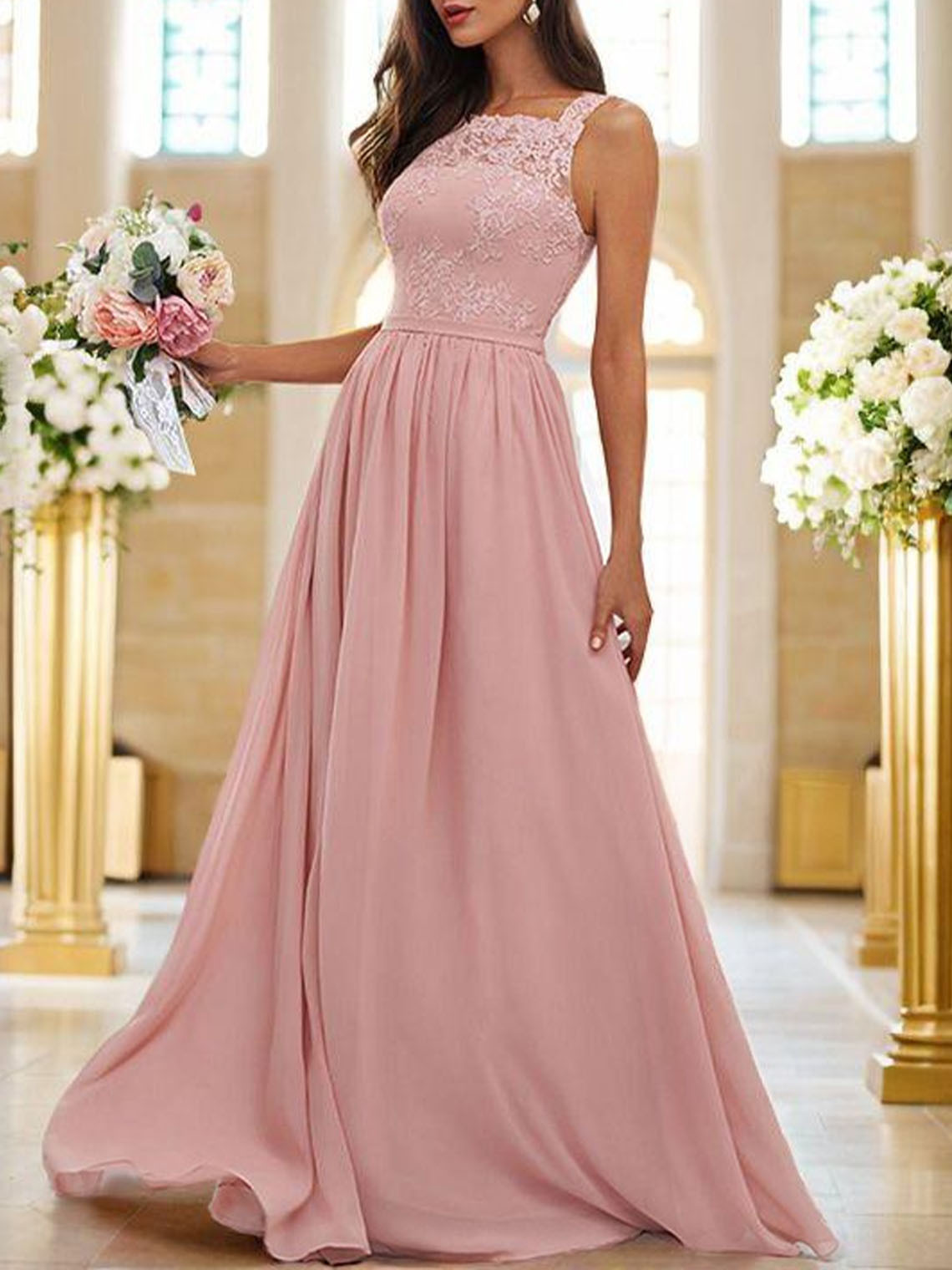 A Line Pink Chiffon Square Sleeveless Floor Length Bridesmaid Dress