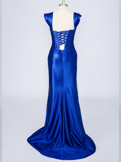 Dress Mermaid Satin Cap Sleeve Sleeveless With Ruffles Long Prom Dress
