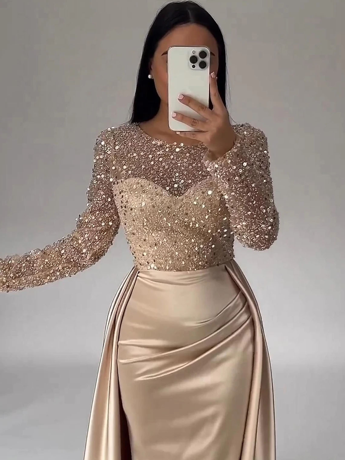 Mermaid Sequin Satin Long Sleeves with Pearls Long Evening Dress