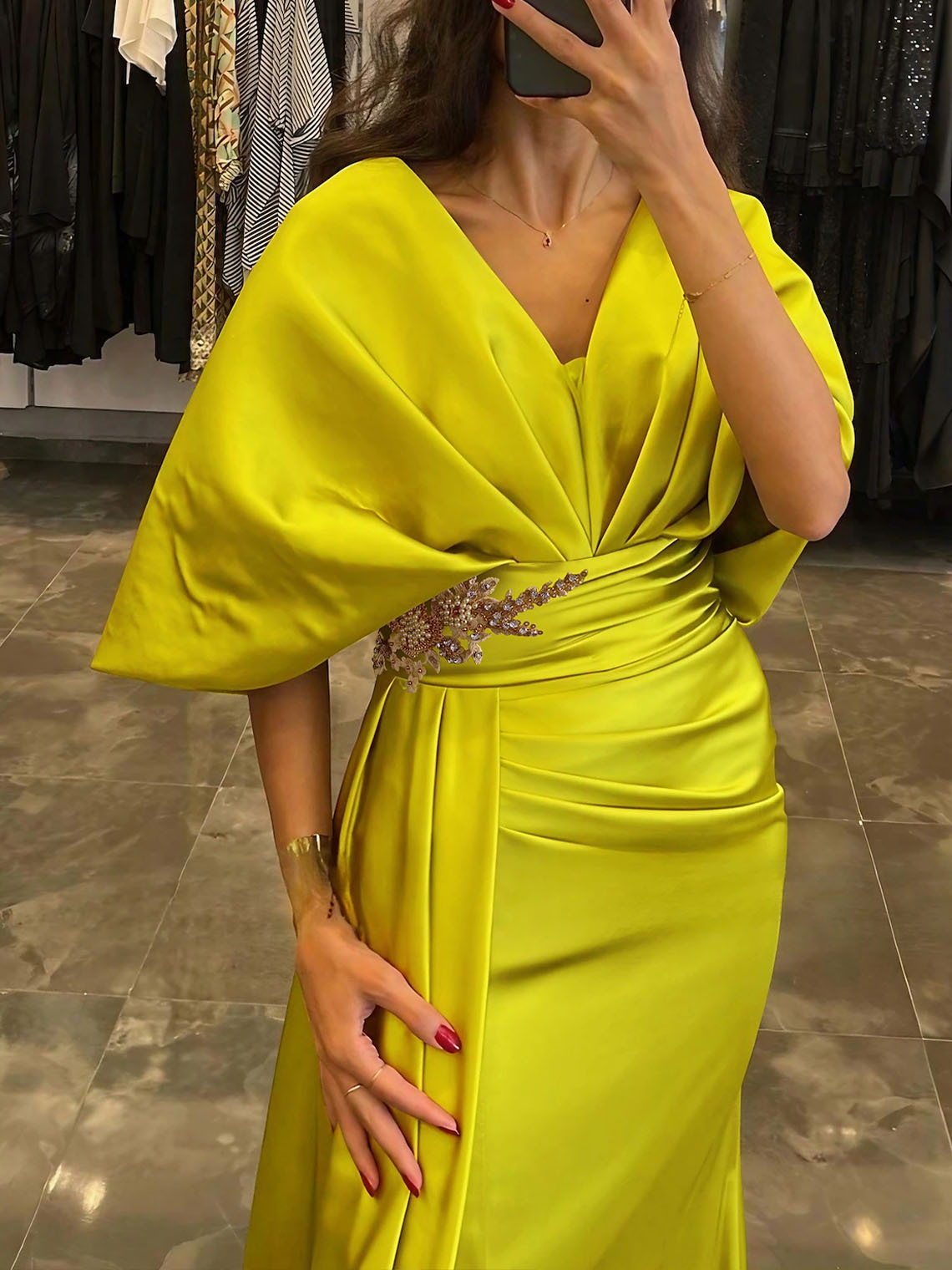 Sheath/Column Satin V Neck Half Sleeve with Pleats Long Evening Dress