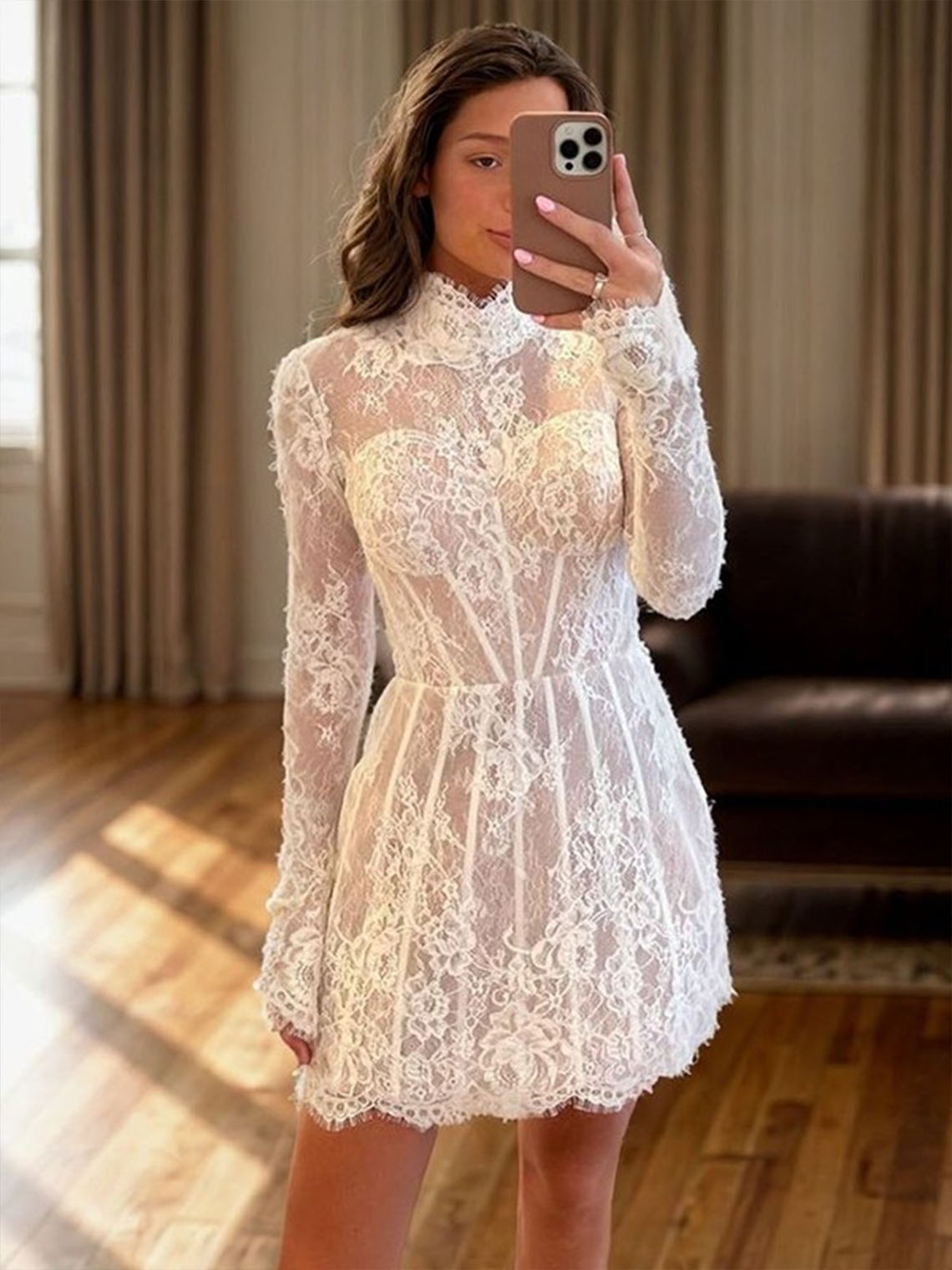 Ivory A line High Neck Long Sleeves Appliques Short Evening Dress