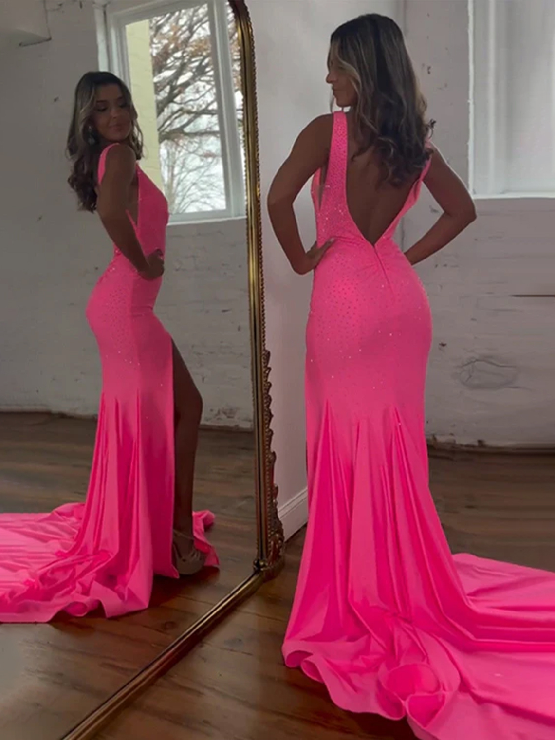 Sparkly Pink V Neck Mermaid Sweep Train Beaded With Split Prom Dress