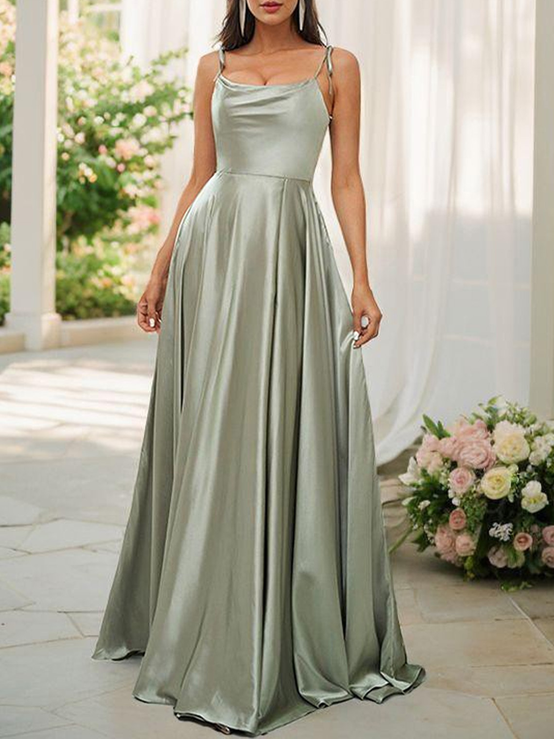 A Line Silk Like Satin Spaghetti Sleeveless Long Bridesmaid Dresses