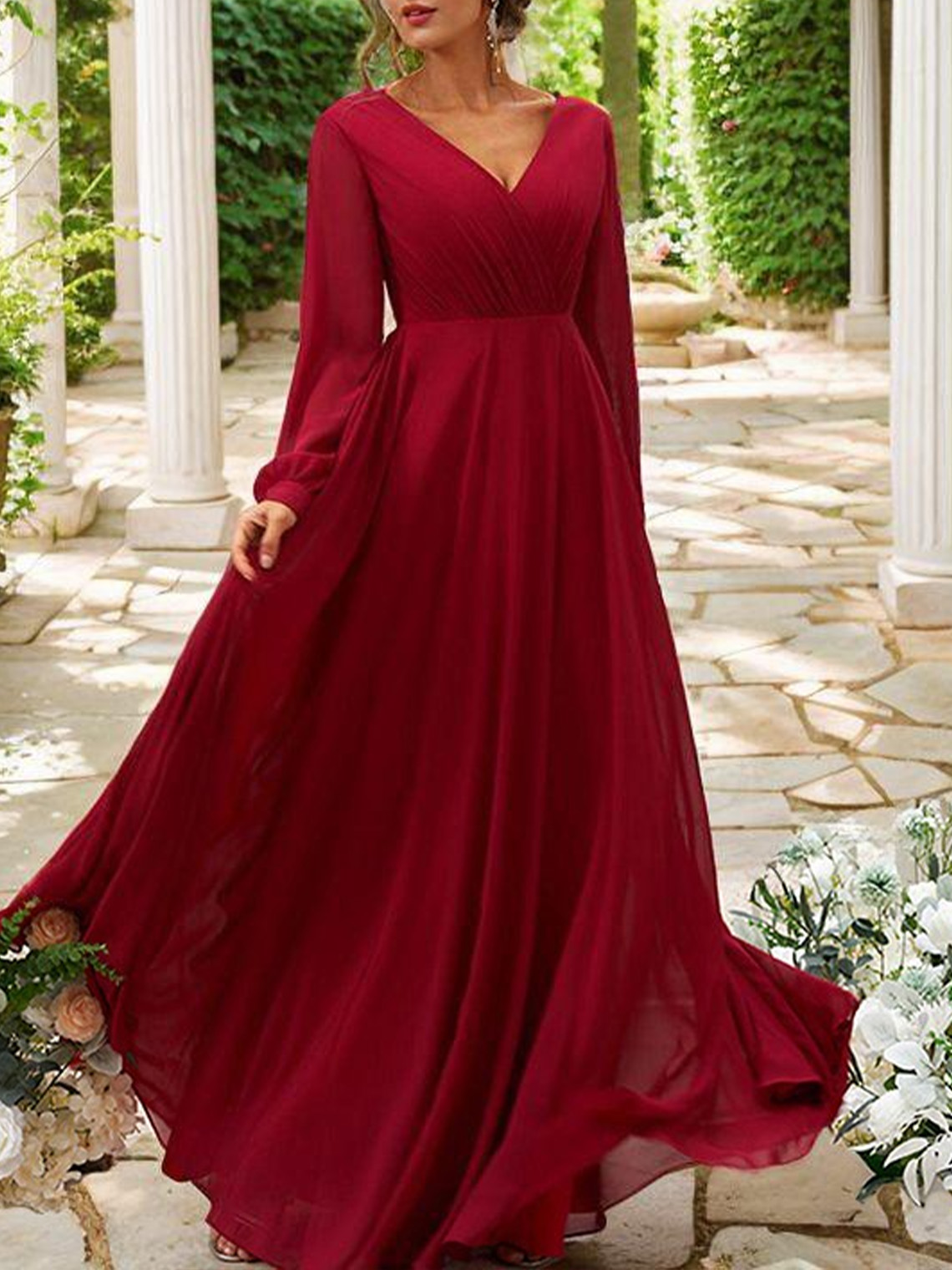 A Line Chiffon V Neck Long Sleeves Floor Length Bridesmaid Dresses