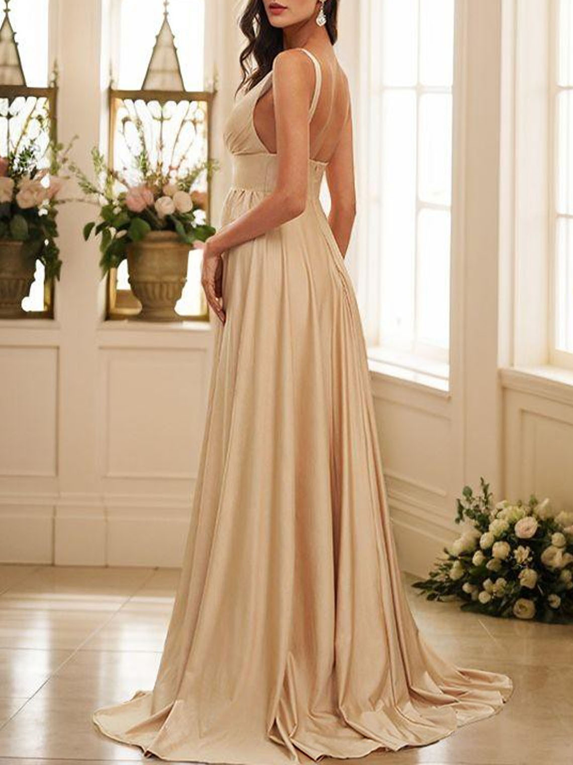 A Line Silk Satin V Neck Sleeveless Sweep Train Bridesmaid Dresses