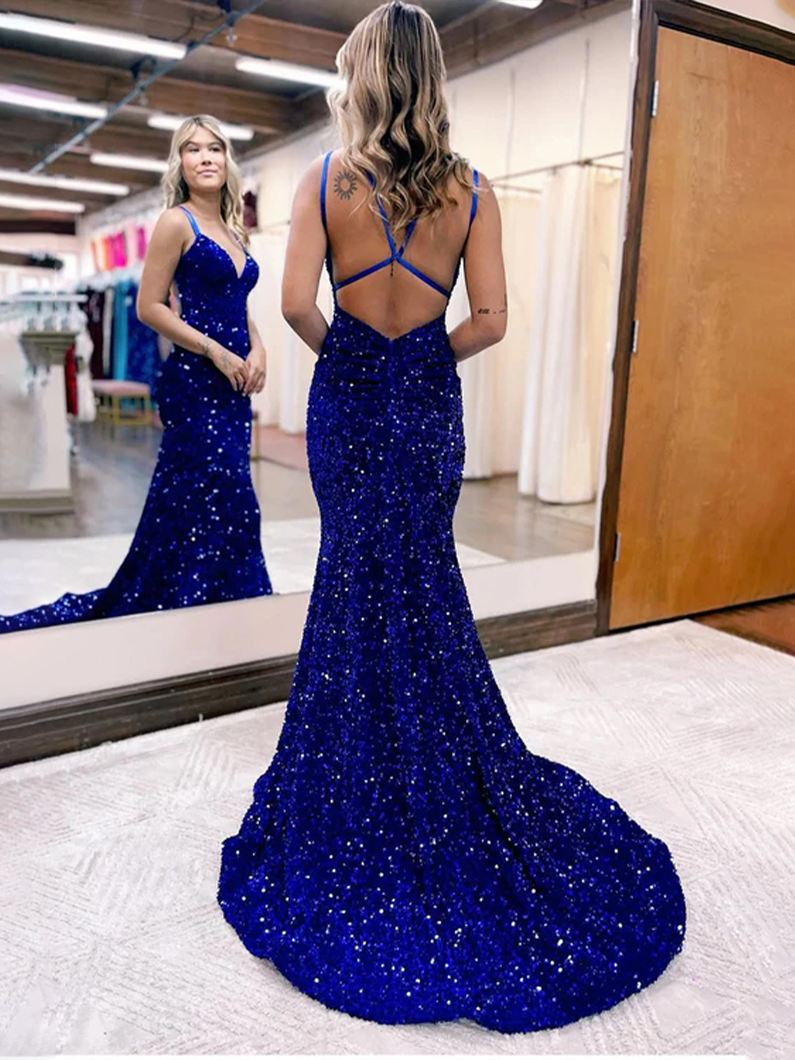 Sparkly Mermaid Sequins V Neck Sleeveless Long Backless Prom Dress