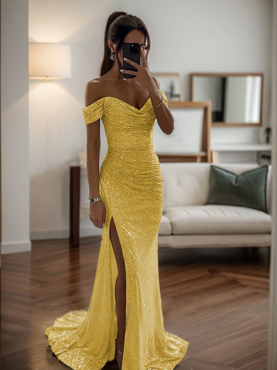 Mermaid Off-the-Shoulde Ruched Sleeveless Sweep Train Prom Dress