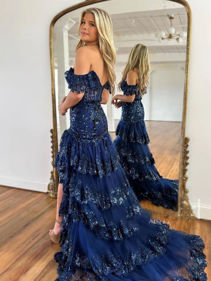 Dress Sexy A-Line Off the Shoulder Long Lace Slit Lace-up Back Prom Dress 