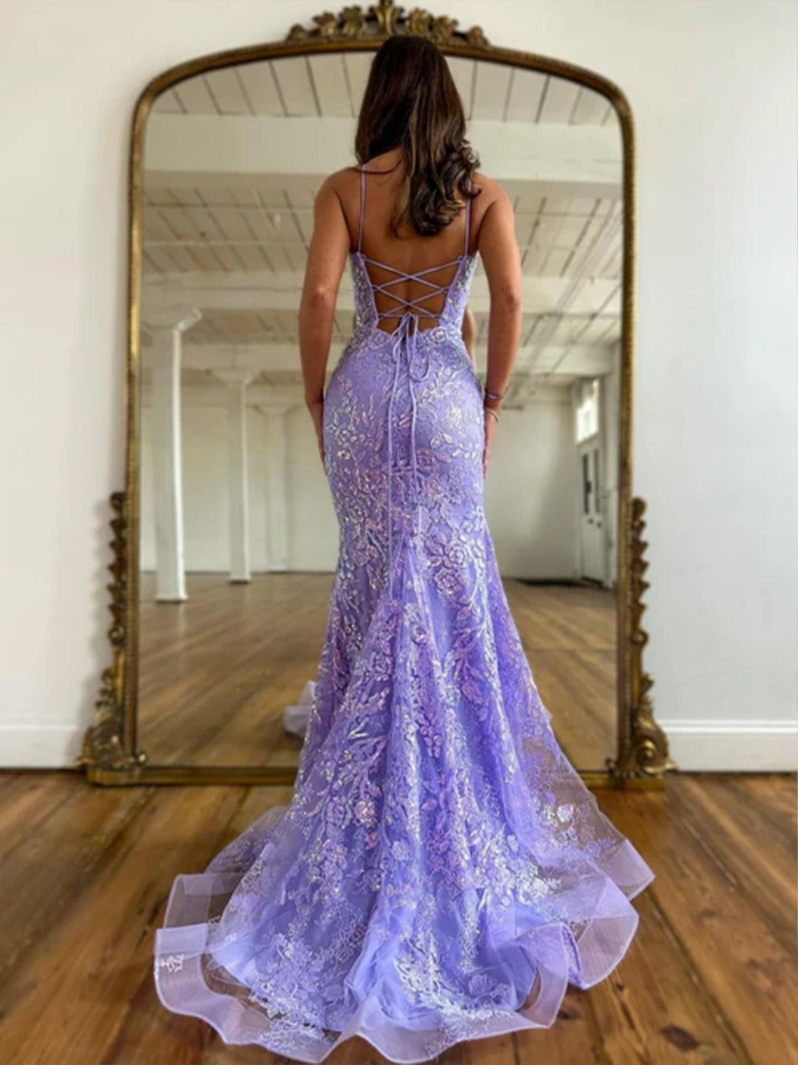 Lilac Mermaid Tulle Lace Lace-up Back Sequined Appliques Prom Dress