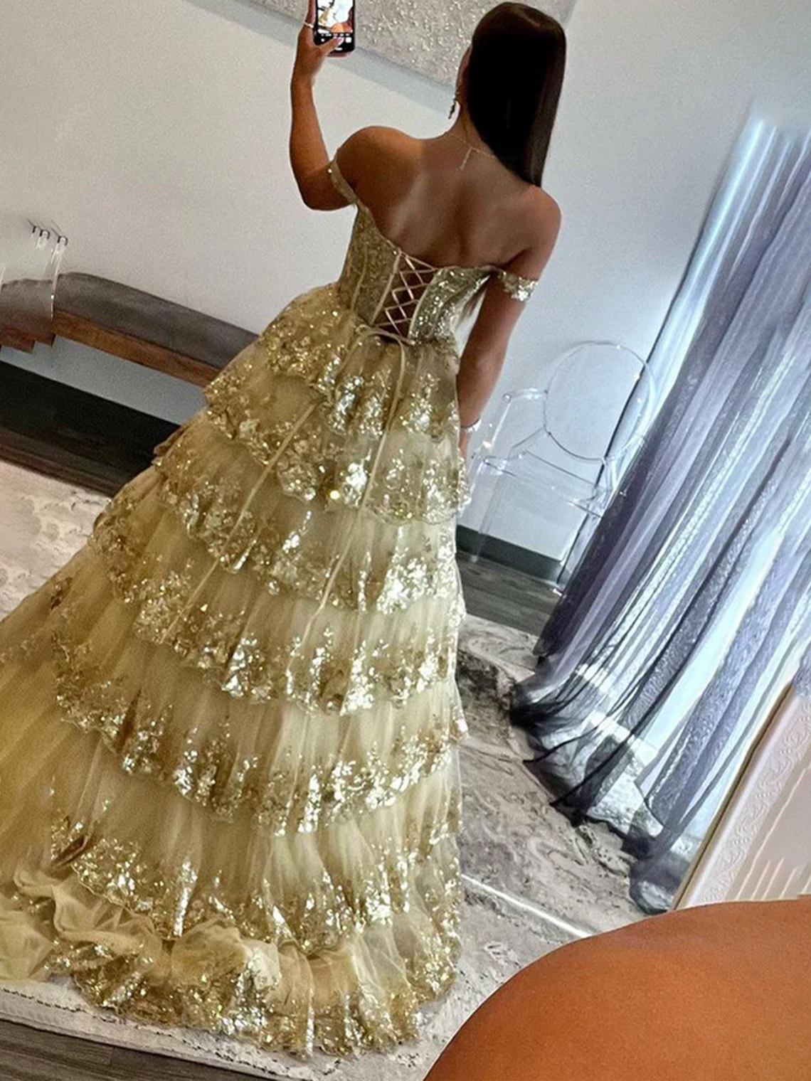 A-line Off the Shoulder Sequined Lace Multi-Tiered Ruffles Prom Dress