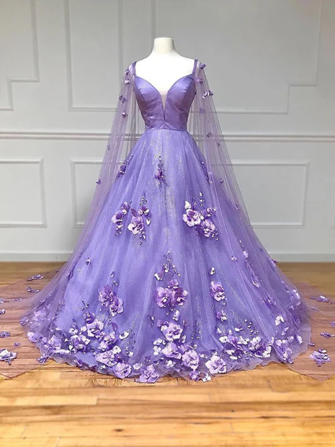 A-Line Tulle and 3D Floral Lace  with Cape Sleeves Prom Dress