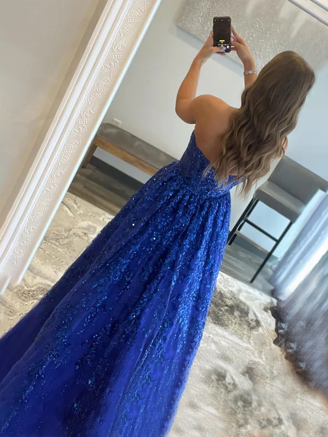 Royal Blue A-line Sequined Tulle Lace Long with Pockets Prom Dress 