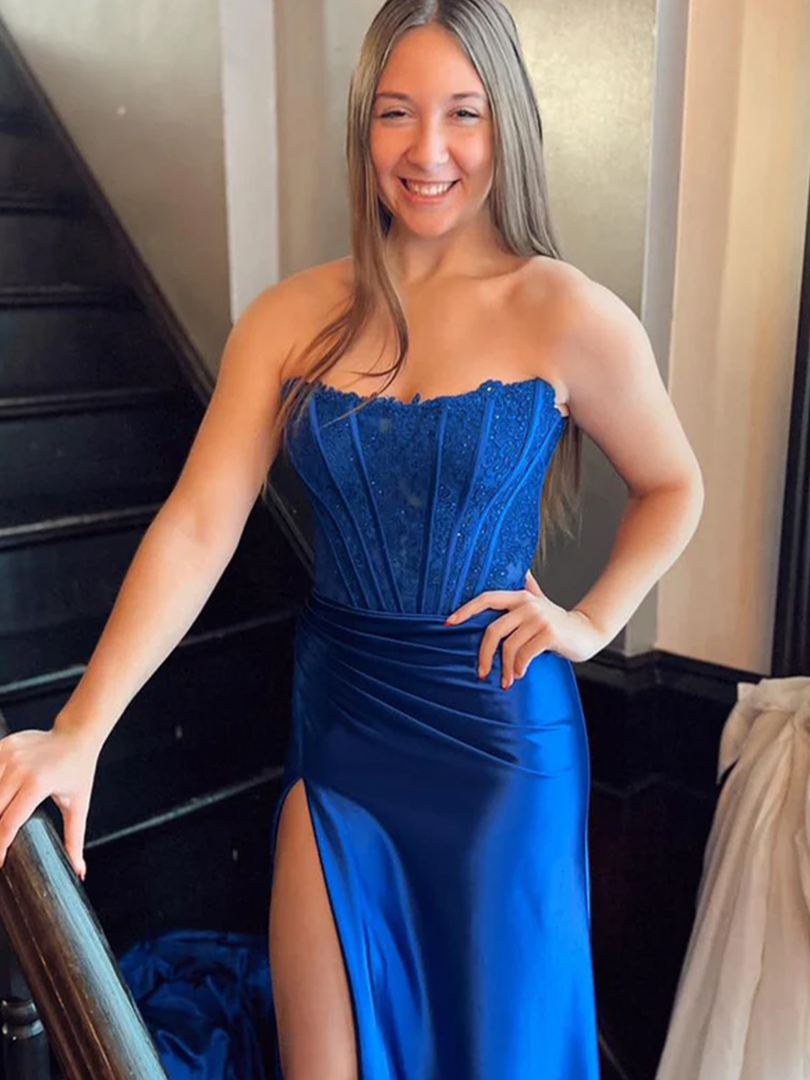 Mermaid Strapless Corset Satin Appliques with Slit Long Prom Dress