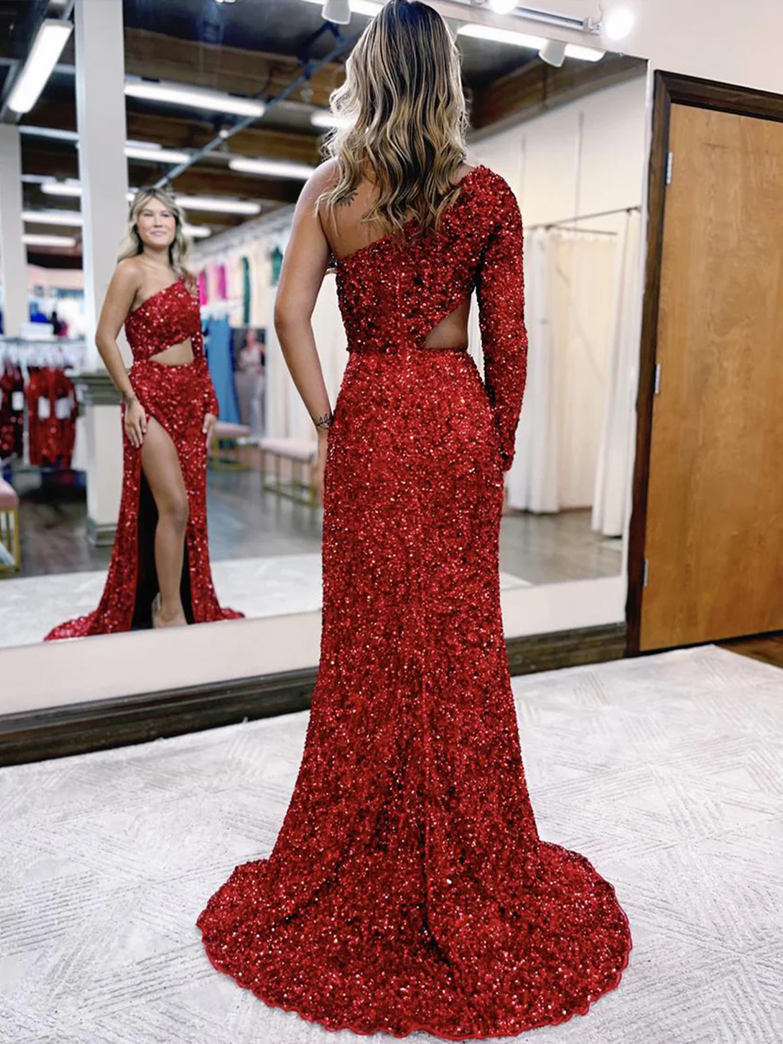 Sexy Mermaid Sequin Sweetheart with Sleeves Long Prom Dress 