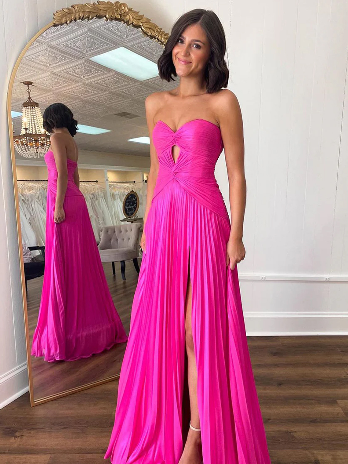 Sexy A Line Sweetheart Keyhole Pleated  With Slit Long Prom Dress