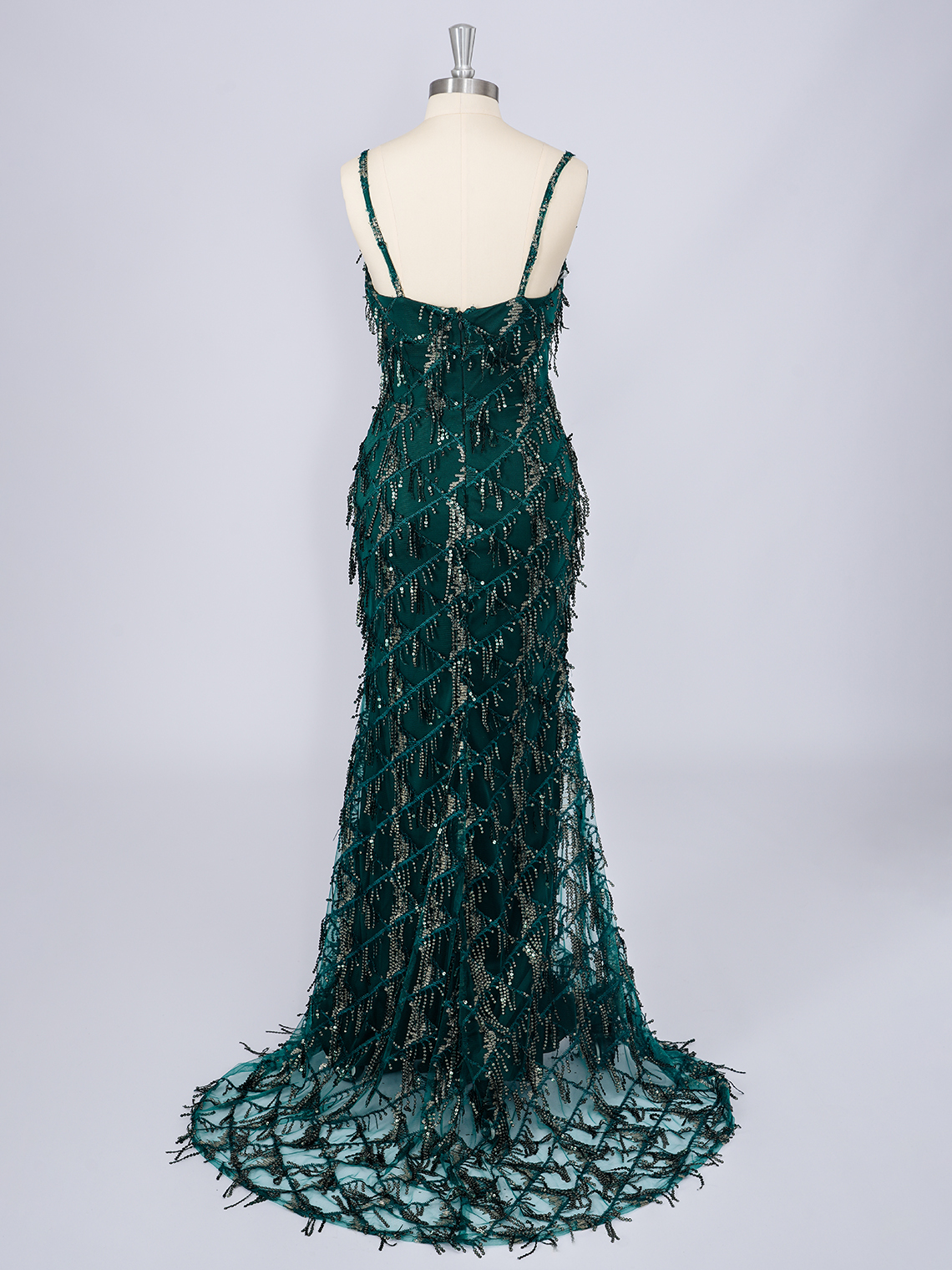 Dark Green Sheath V Neck Sweep/Brush Sequins With Tassel Prom Dress
