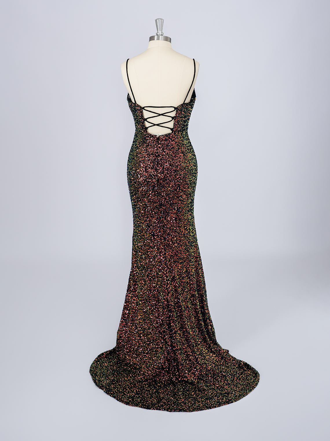 Mermaid V Neck Sleeveless Sequins Lace UP With Slit Prom Dresses