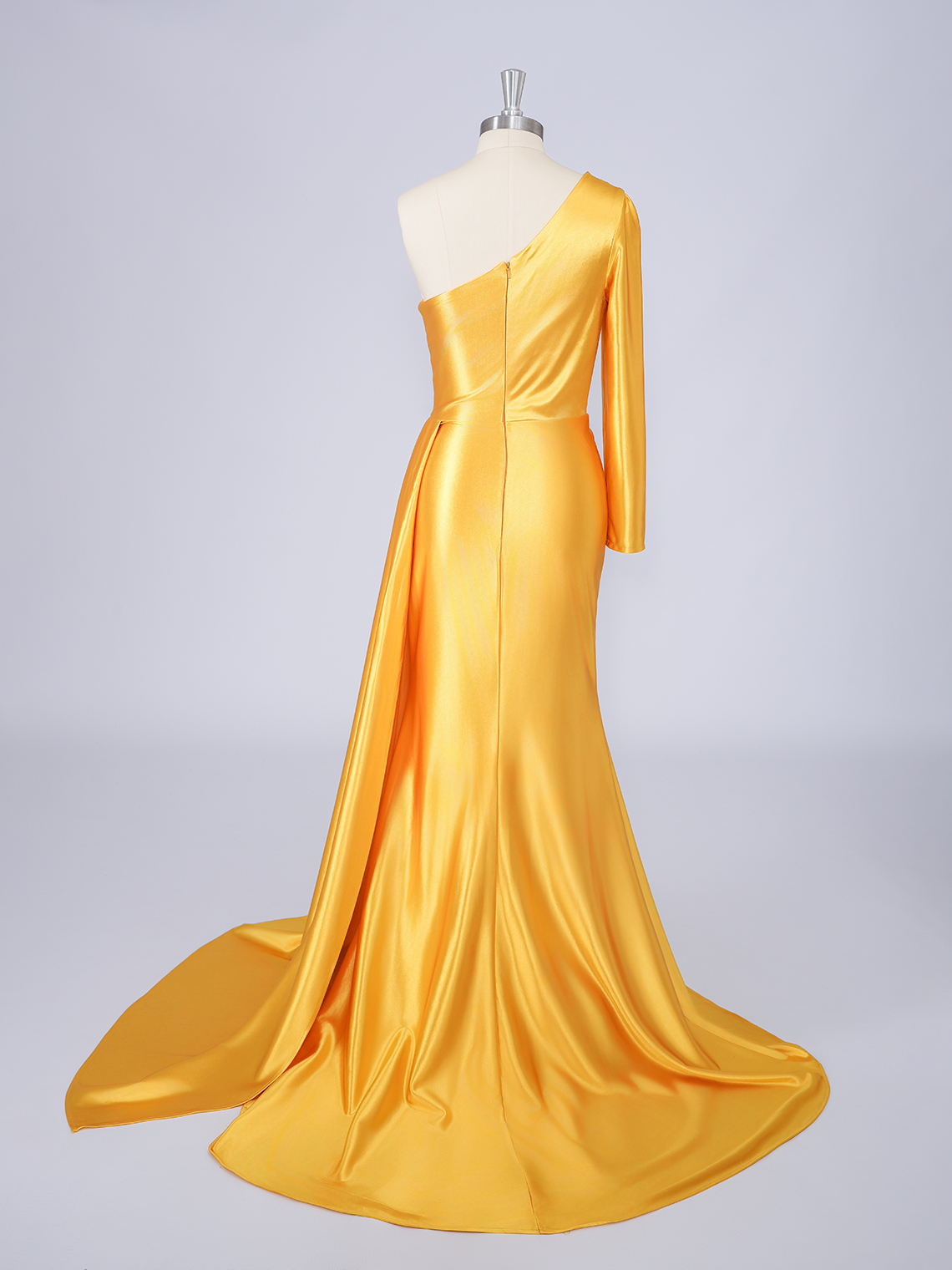 Yellow Mermaid Satin One Shoulder Long Sleeves With Slit  Prom Dress