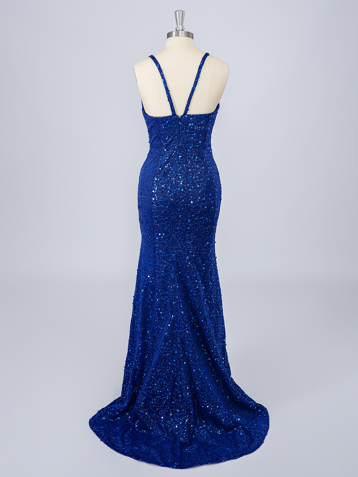 Navy Blue Mermaid Sequins V Neck Sleeveless With Slit Long Prom Dress 