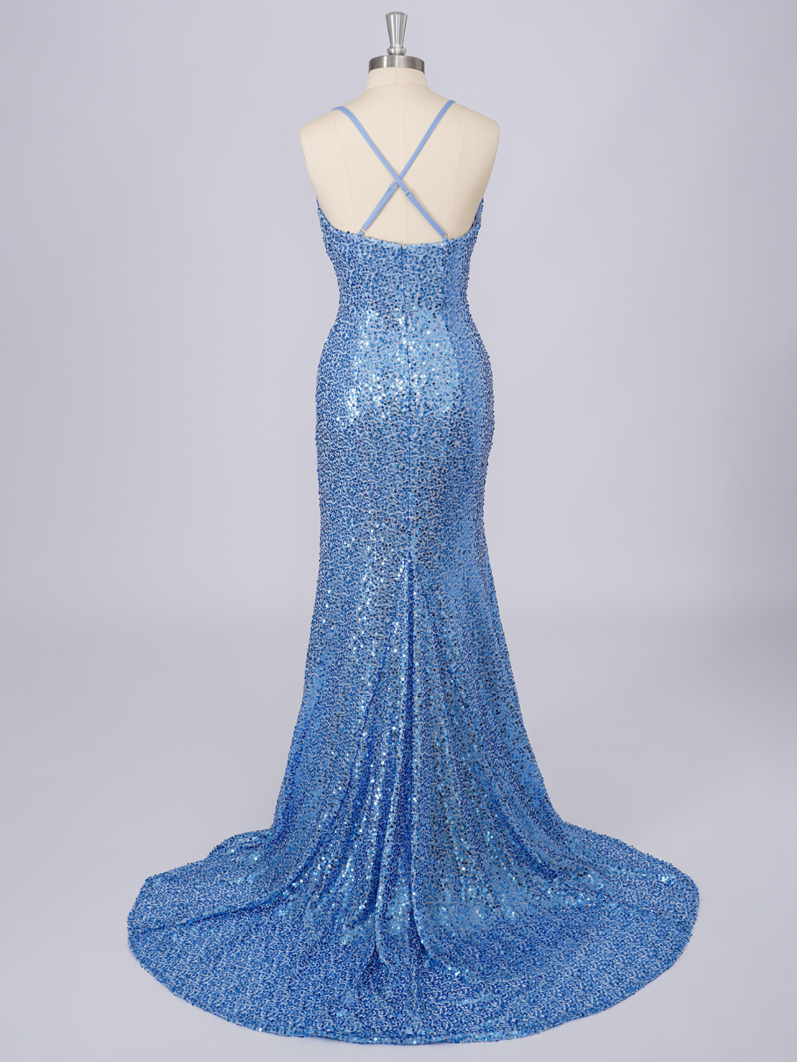 Sparkle Blue Mermaid Sequins V Neckline With Slit Long 