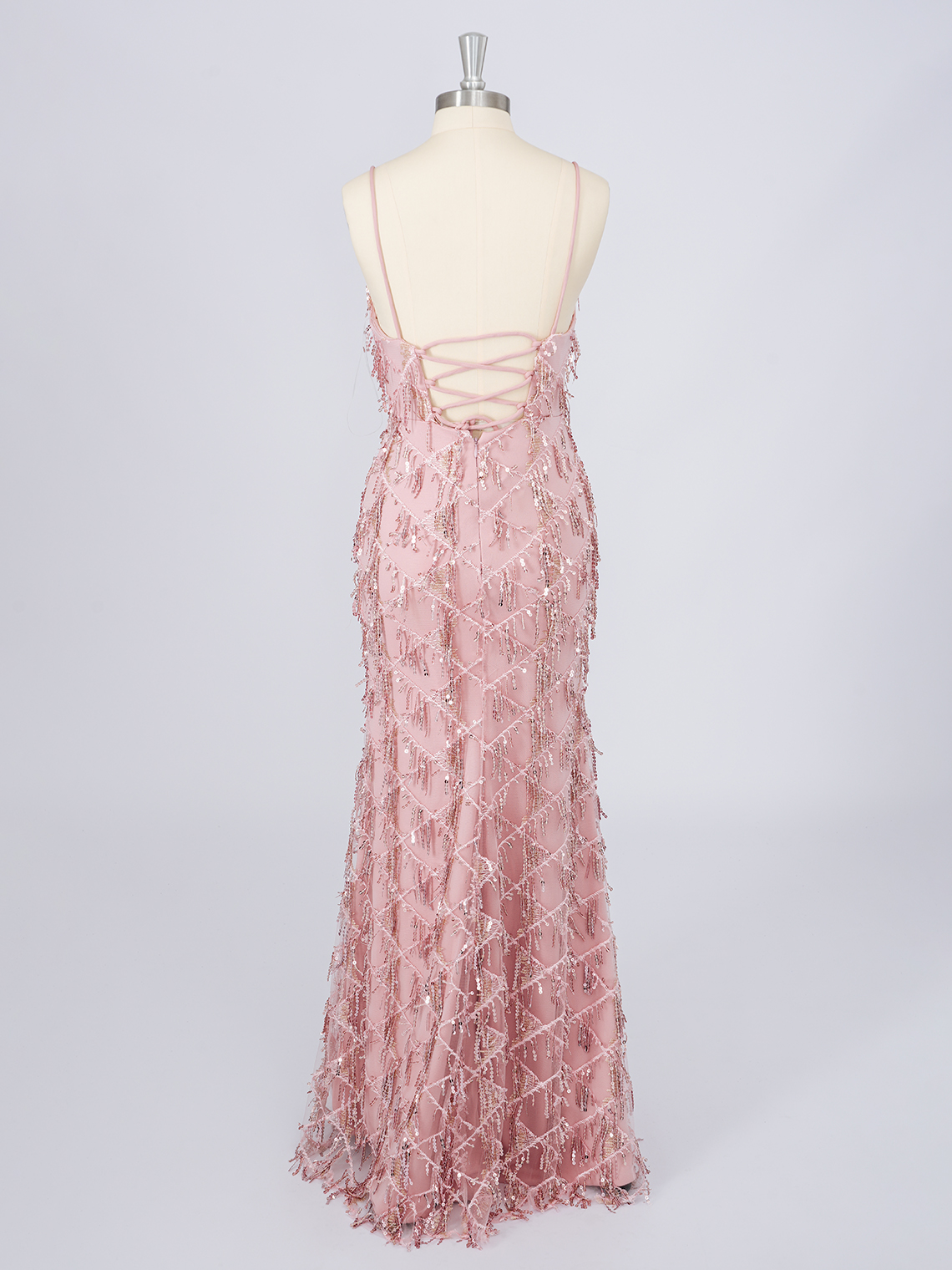 Sparkle Dusty Rose Sequins V Neckline With Tassel Long Prom Dress
