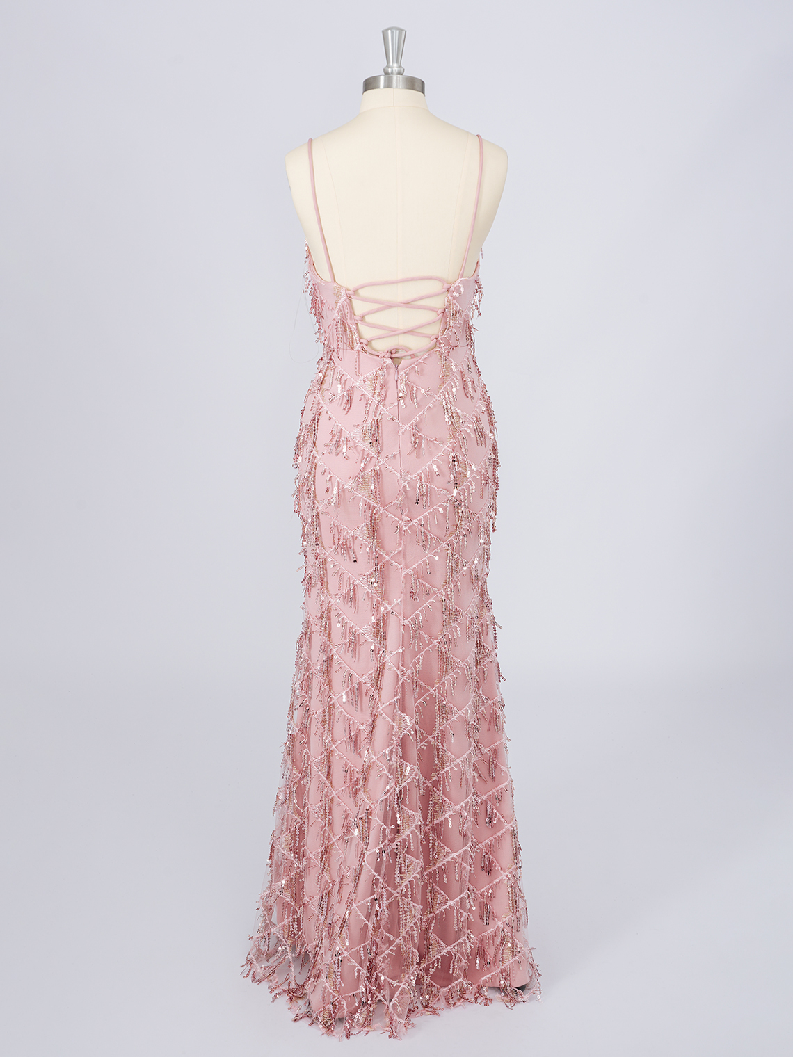 Sparkle Dusty Rose Sequins V Neckline With Tassel Long Prom Dress