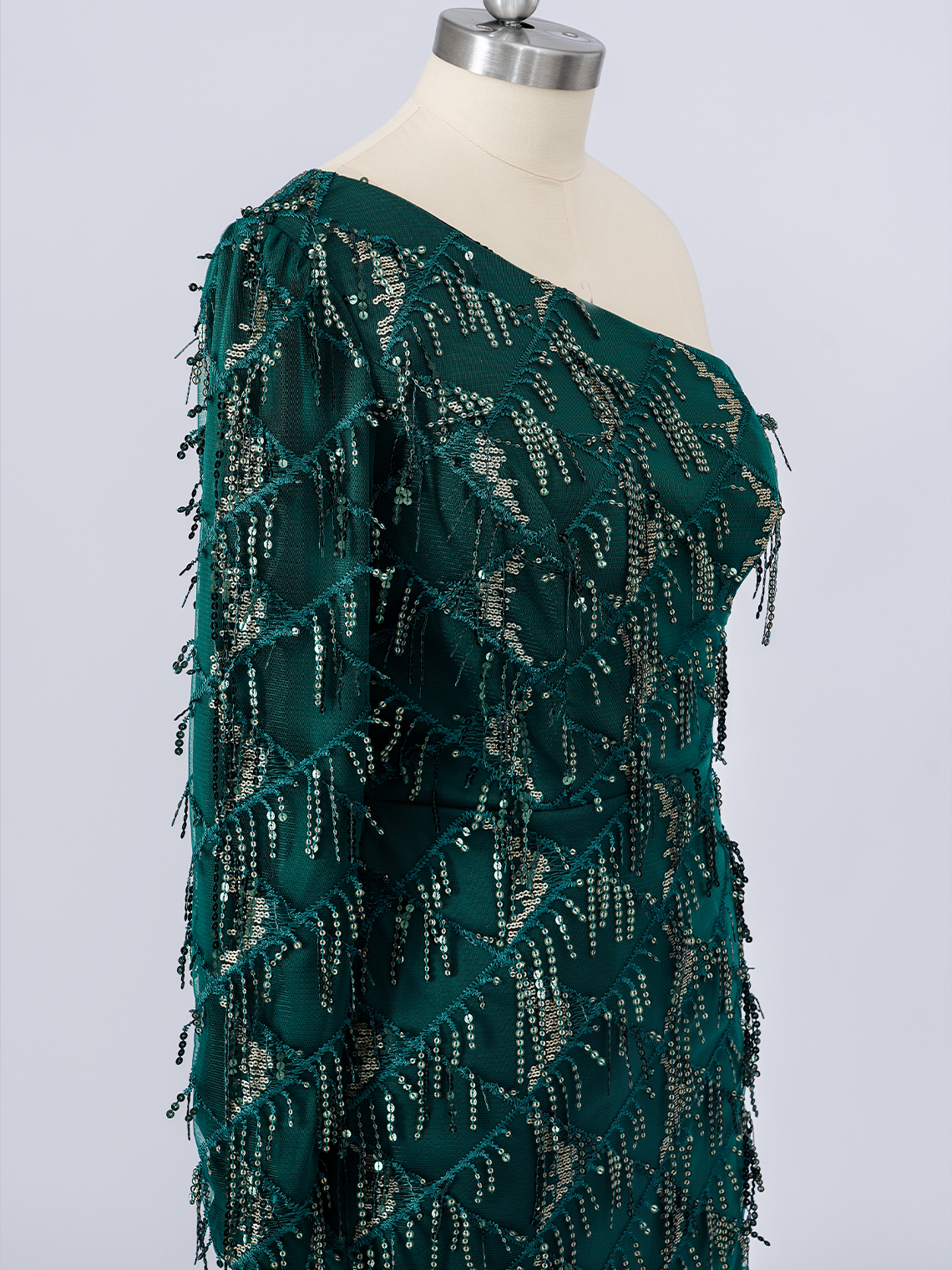 Dark Green Sequins One Shoulder Long Sleeves With Tassel Prom Dress