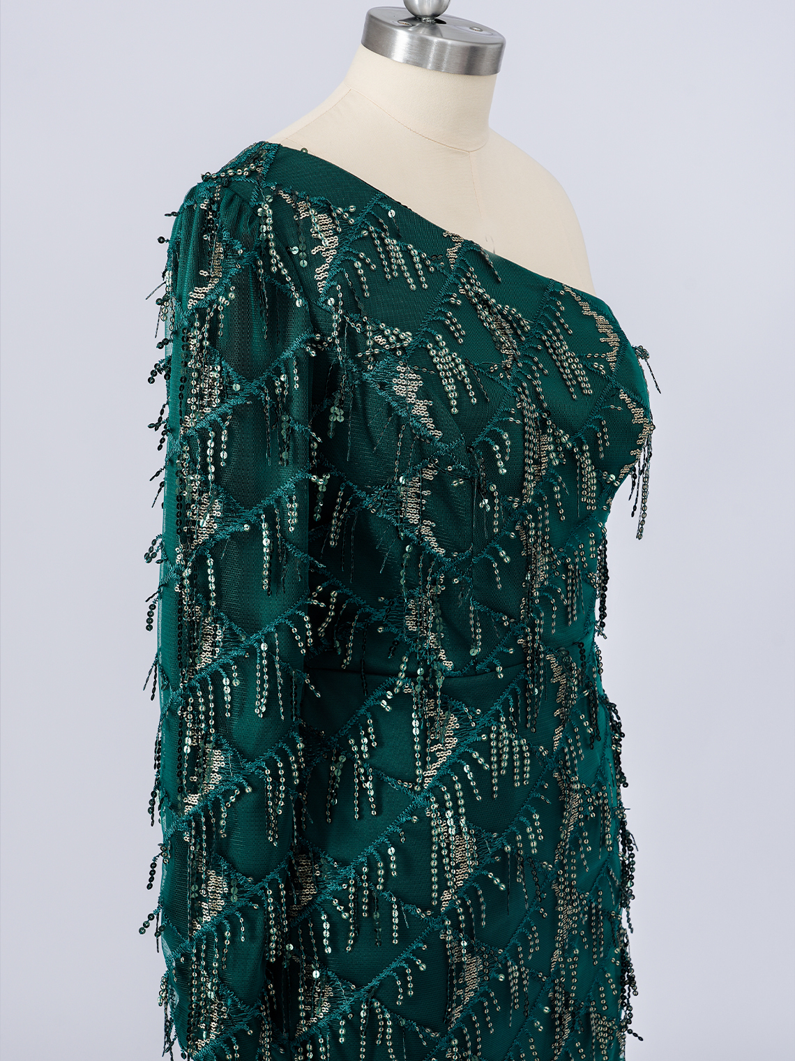 Dark Green Sequins One Shoulder Long Sleeves With Tassel Prom Dress