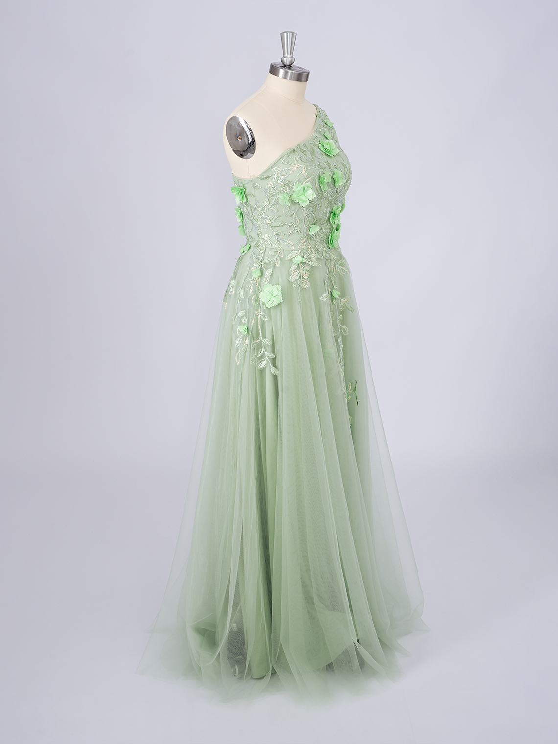 Dusty Sage A-Line Tulle One Shoulder With Appliques Long Prom Dress