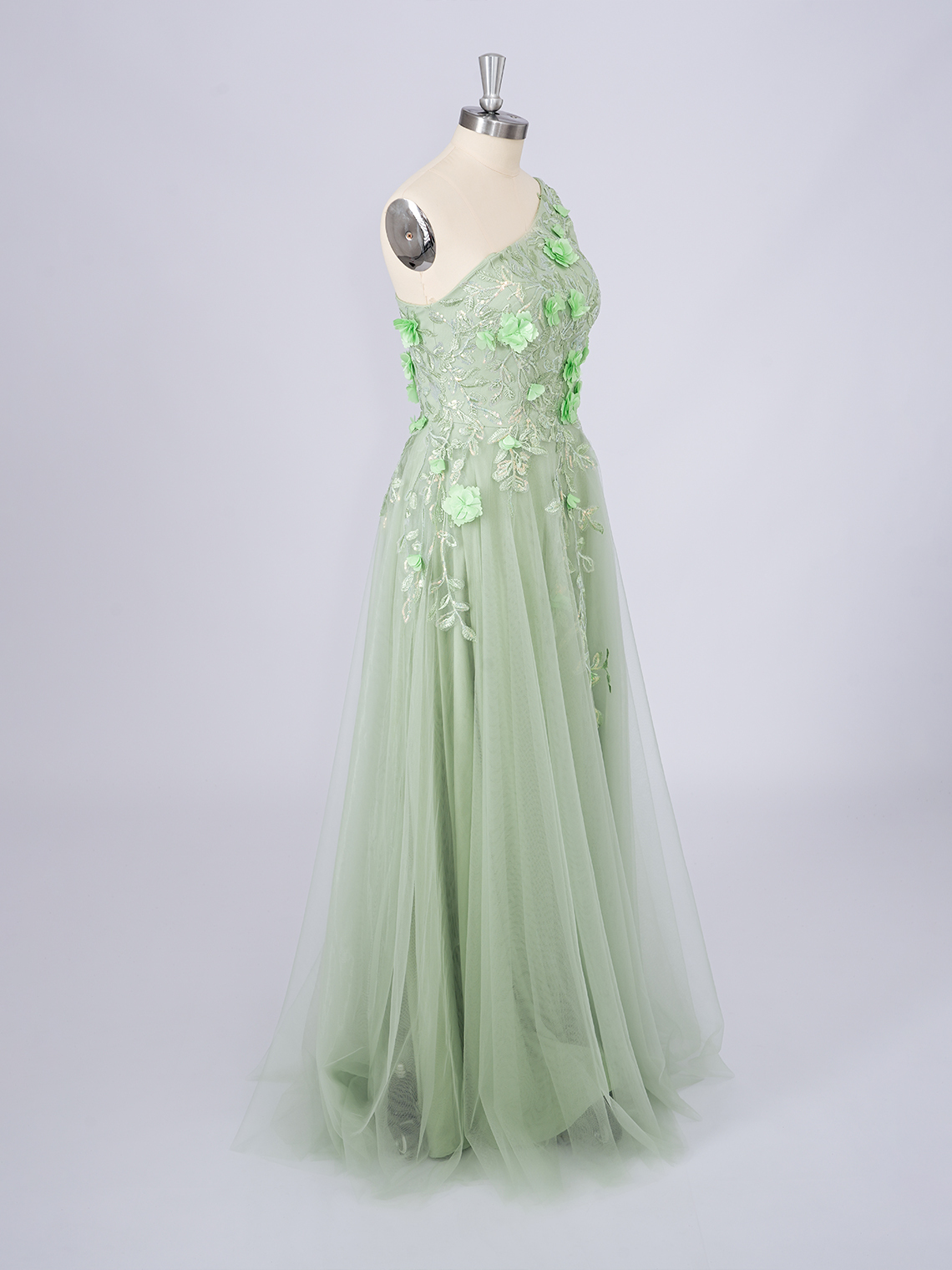 Dusty Sage A-Line Tulle One Shoulder With Appliques Long Prom Dress