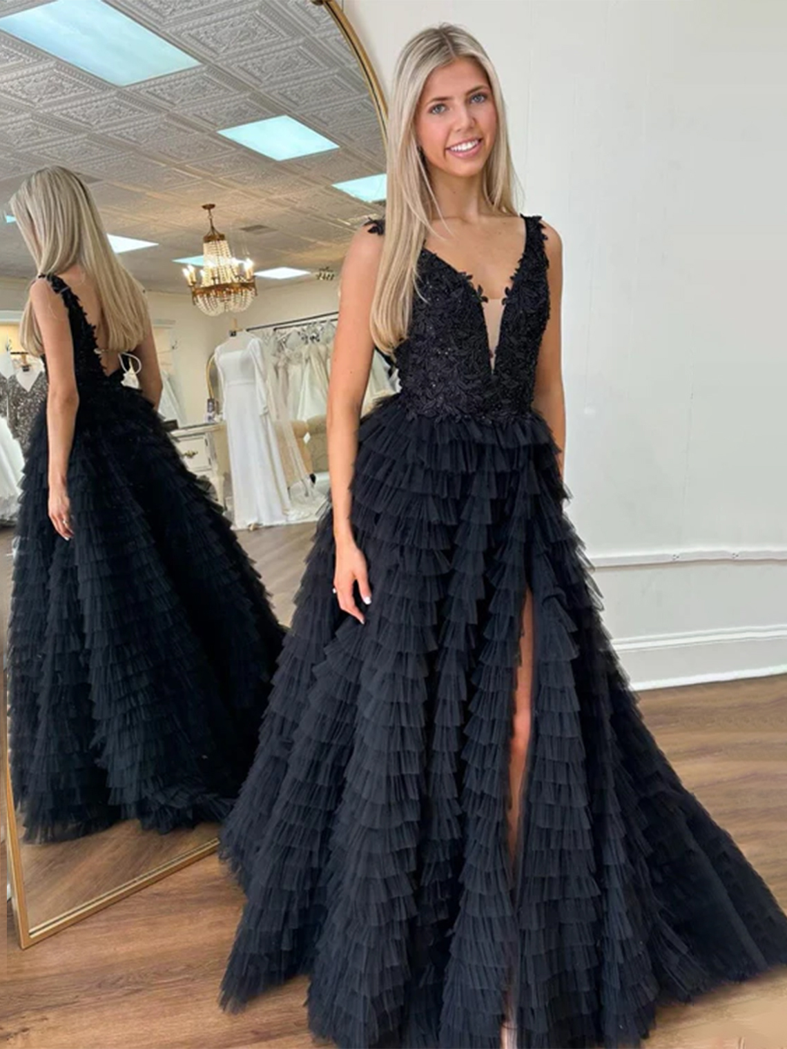 A-line Lace Plunge V Neck Ruffle Tiered Long with Slit Prom Dress