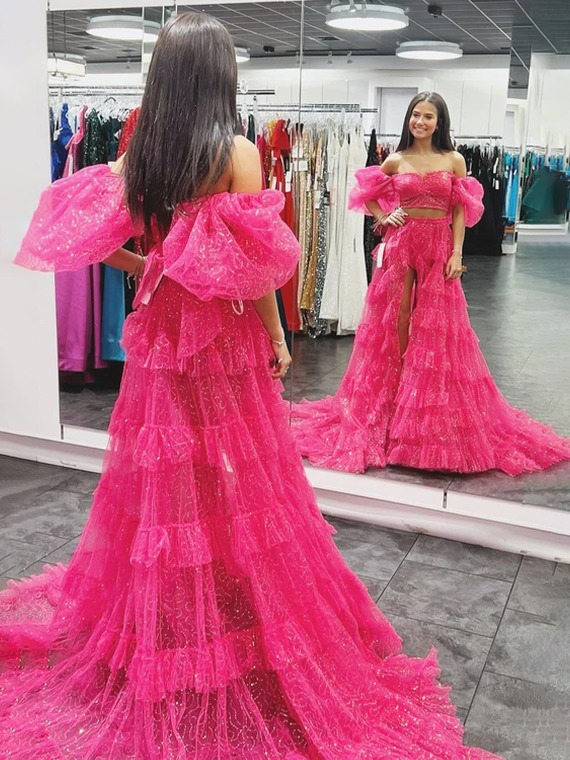 Two-Piece Fuchsia Puff Tulle Sleeve Ruffle Glitter Slit Prom Dress