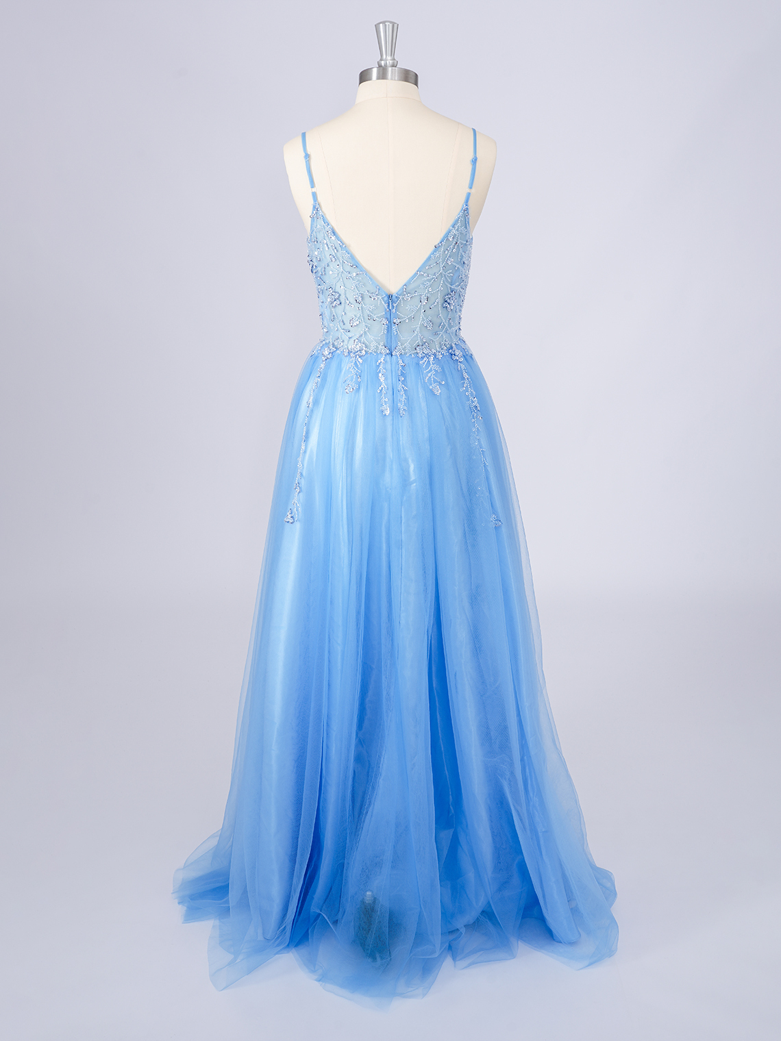 Ocean Blue A-Line Tulle Floor Length Appliques With Beading Prom Dress