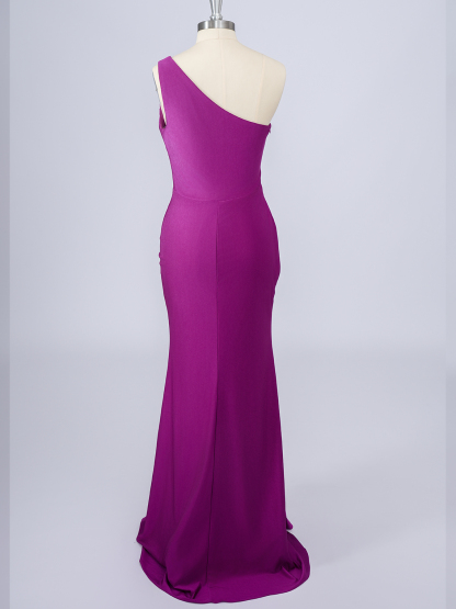 Dress Fuchsia Solid Color Mermaid One Shoulder Sleeveless Long Prom Dress