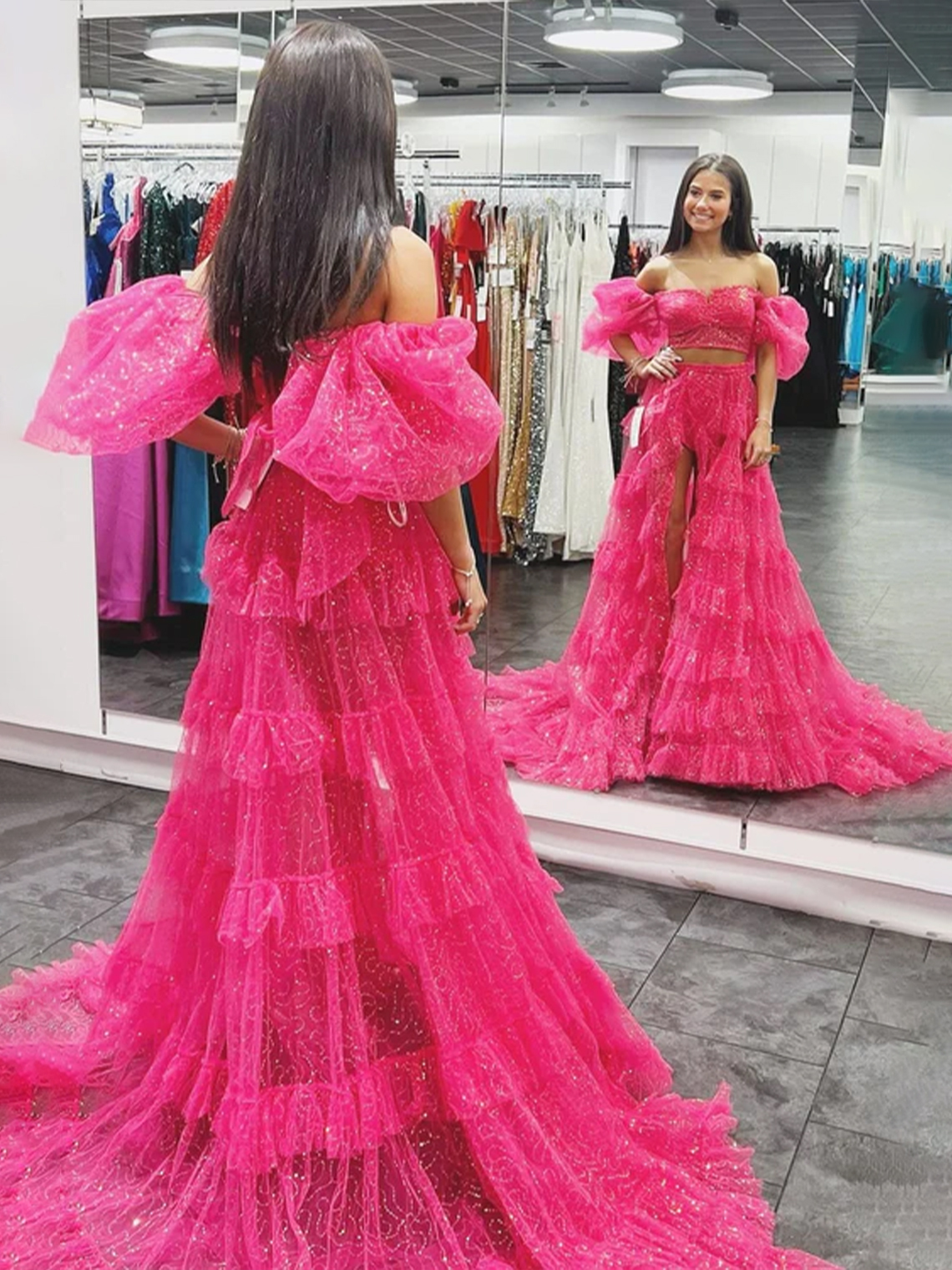 Two-Piece Fuchsia Puff Tulle Sleeve Ruffle Glitter Slit Prom Dress