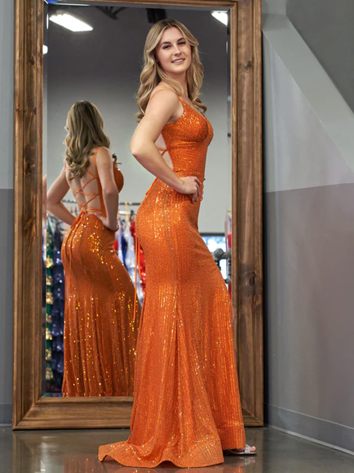 Sparkly Orange Mermaid V Neck Sequins Long with Slit Prom Dresses 