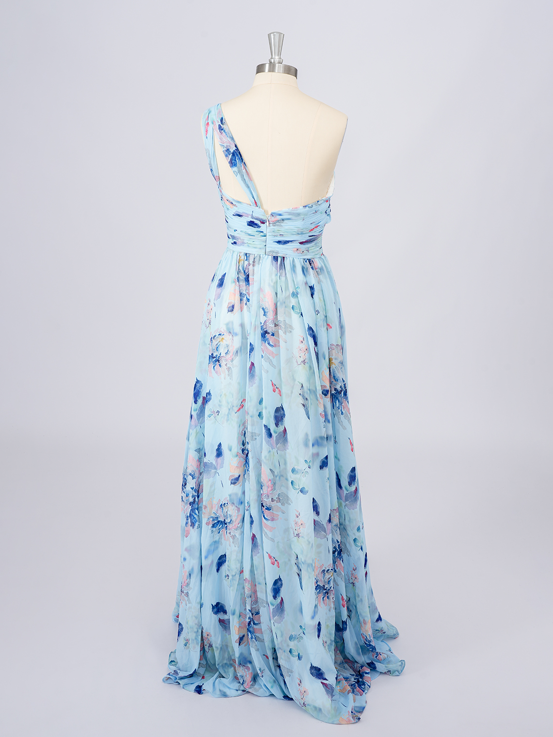 Blue Chiffon A-Line Dress with floral patterns Long Prom Dress