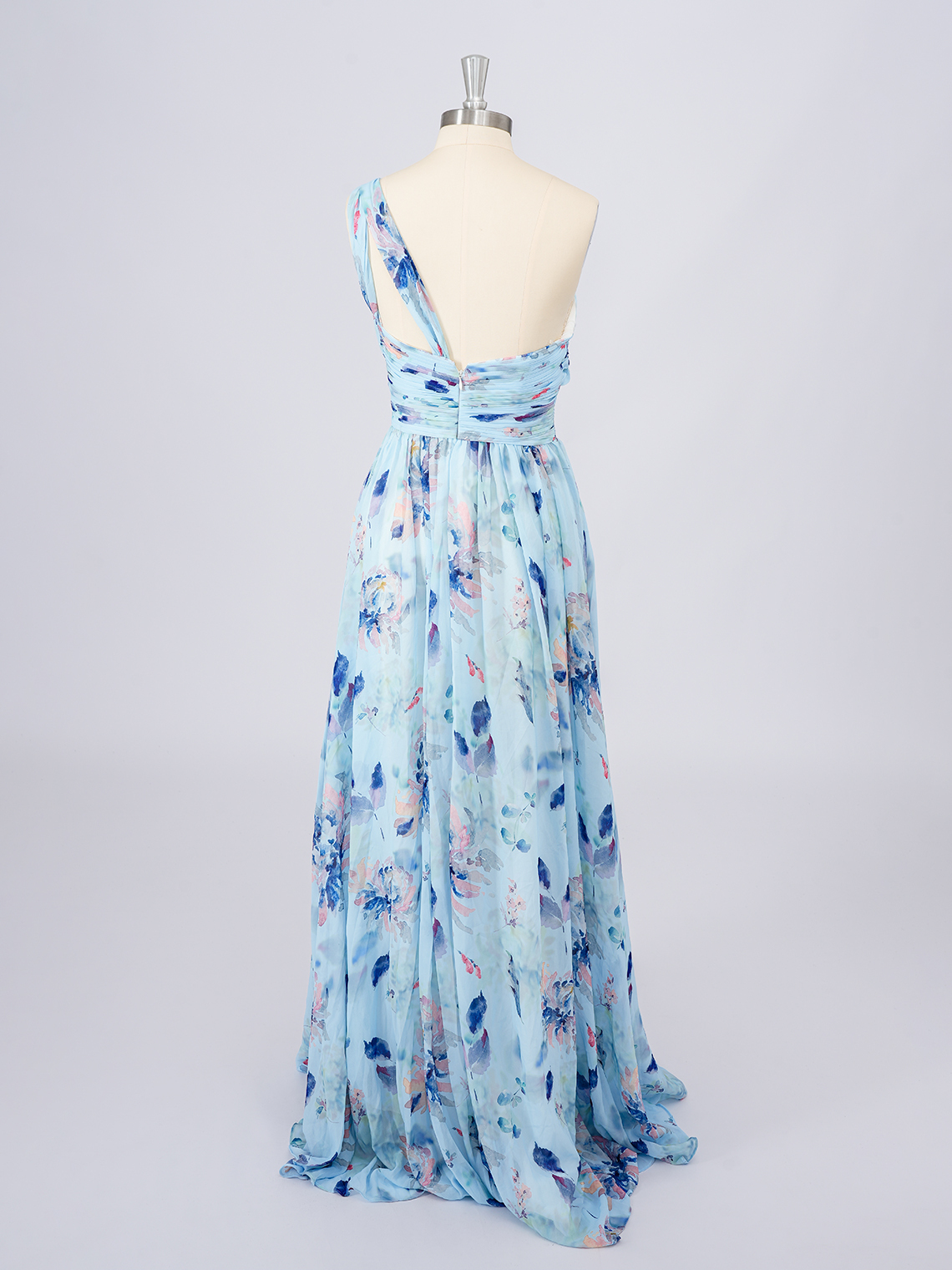 Blue Chiffon A-Line Dress with floral patterns Long Prom Dress