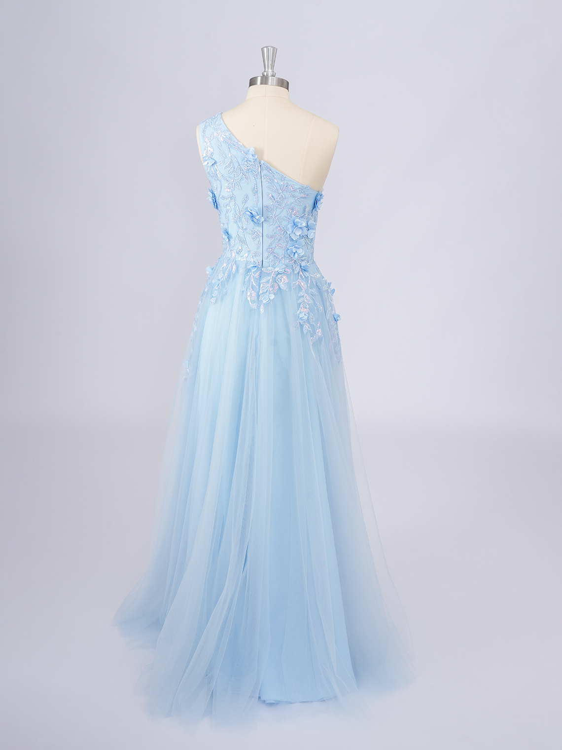 Blue A-Line One Shoulder Floor Length With Appliques Long Prom Dress