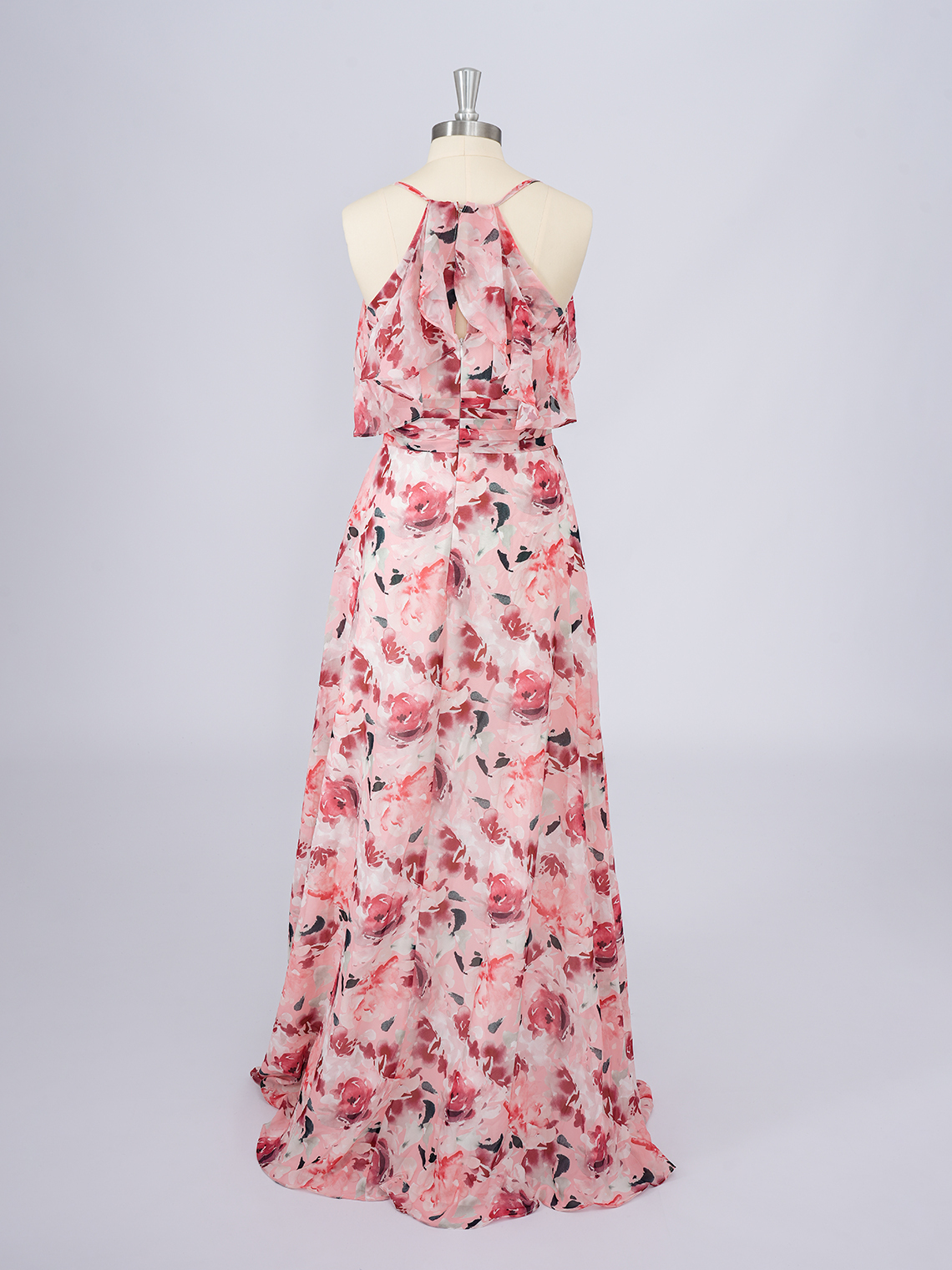 Pink A-Line Chiffon Dress with floral patterns Long Prom Dress