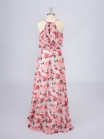 Dress Pink A-Line Chiffon Dress with floral patterns Long Prom Dress