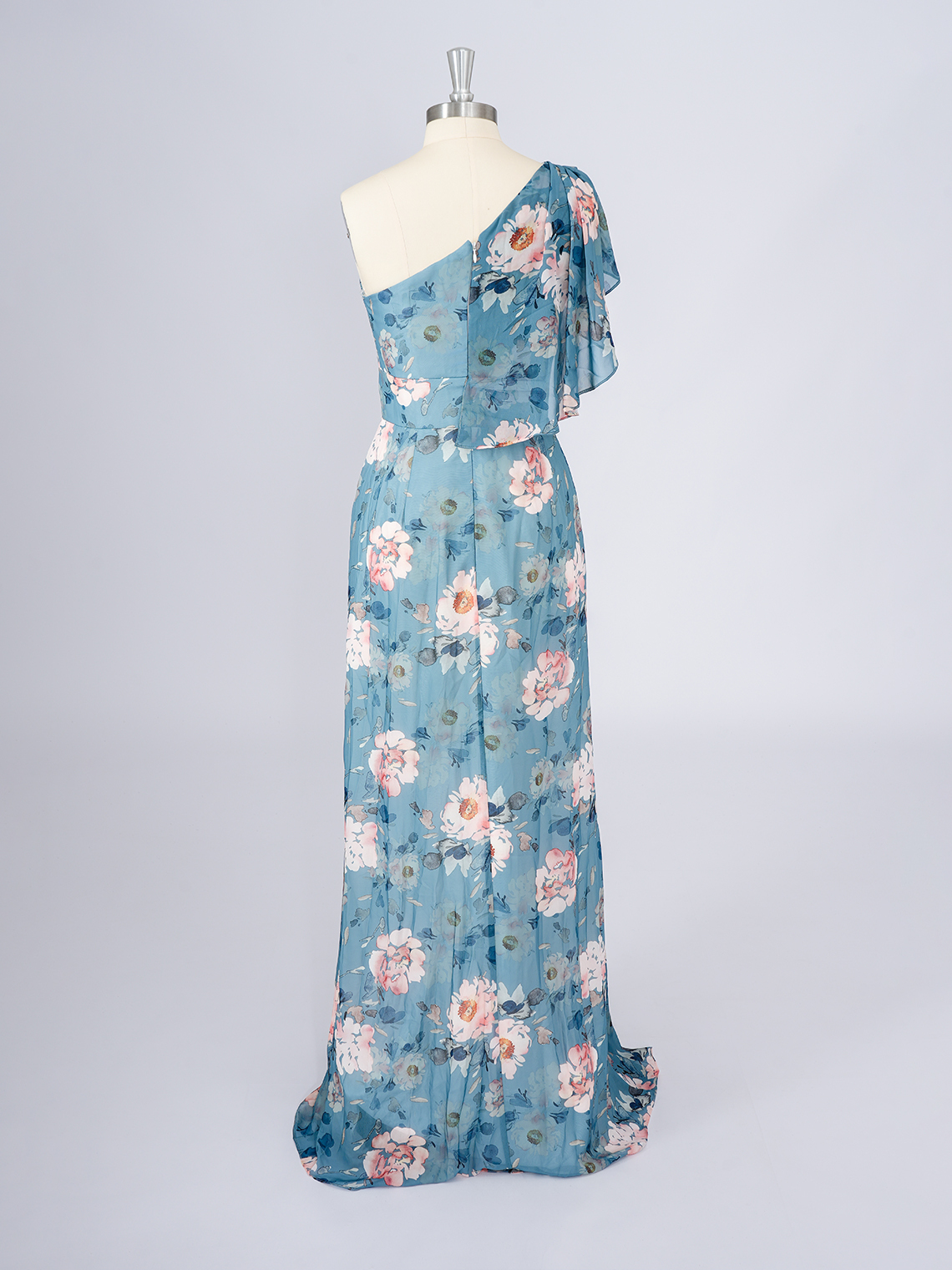 Blue A-Line Chiffon Dress with floral patterns One Shoulder Prom Dress