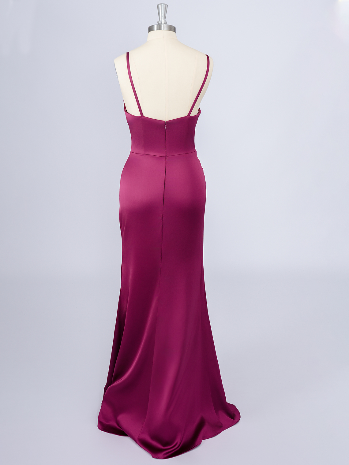 Fuchsia Satin Mermaid Spaghetti Floor Length With Slit Long Prom Dress