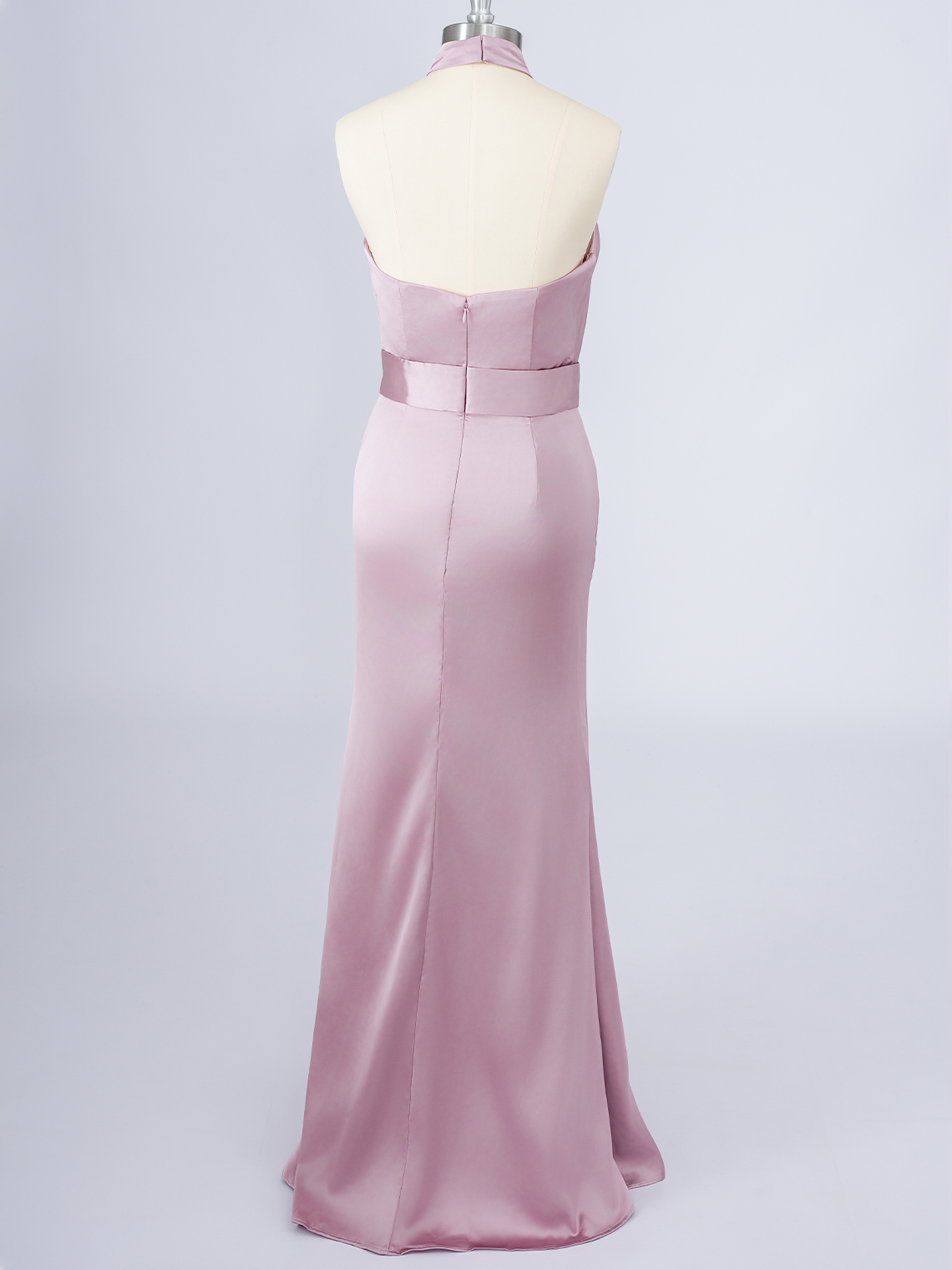 Dusty Rose Mermaid Satin Halter Ruffles With Slit Long Prom Dress