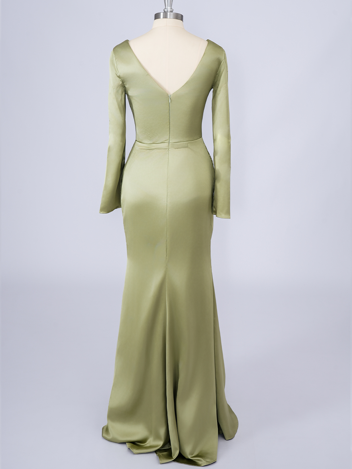 Dark Sage Mermaid V Neck Long Sleeves With Ruffles Long Prom Dress