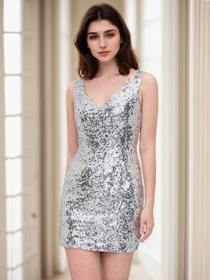 Dress Sheath/Column V-Neck Sequins Sleeveless Short/Mini Cocktail Dress