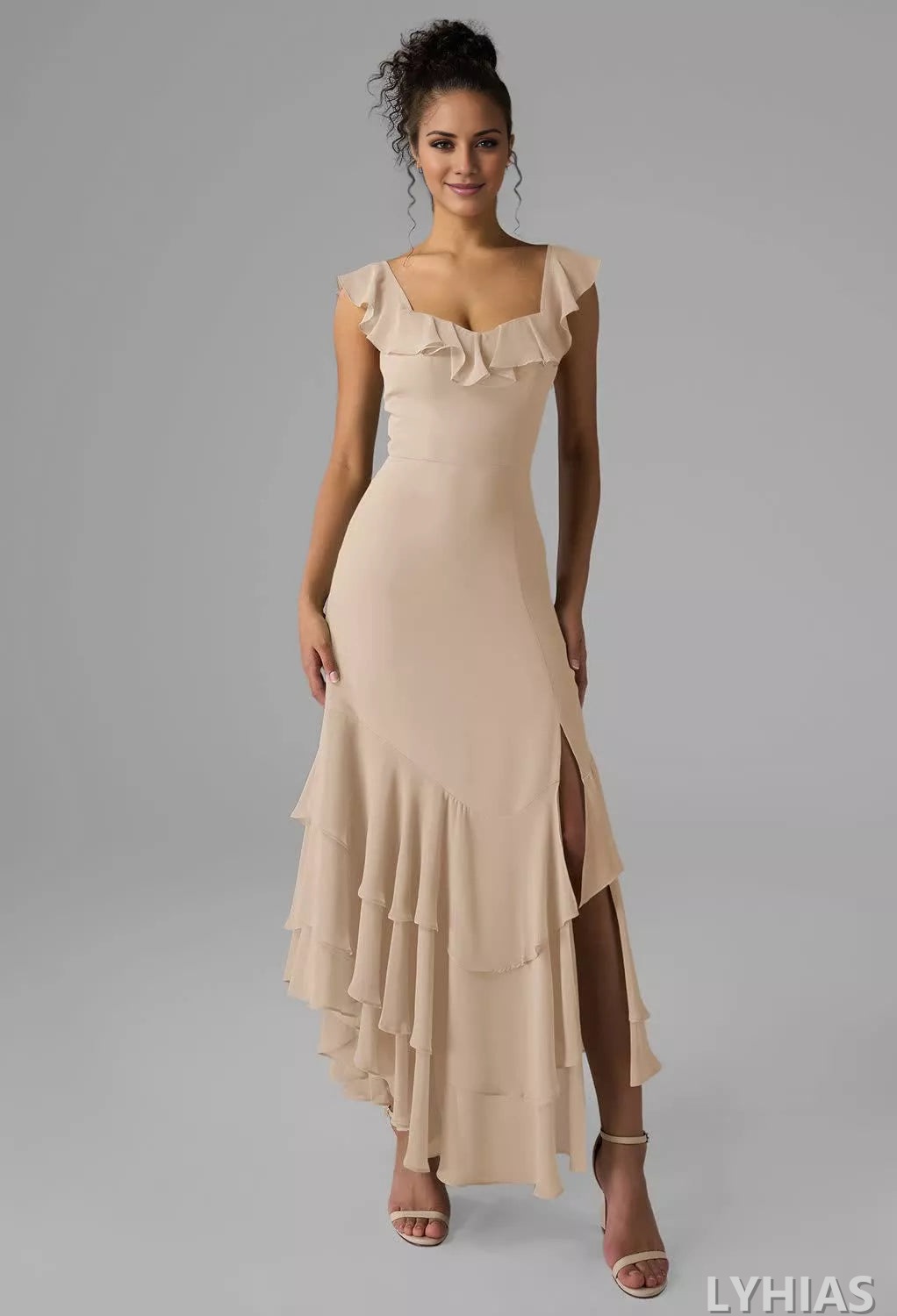 Blushing Pink Chiffon A-Line Asymmetrical Bridesmaid Dresses with Ruffled Square Neck