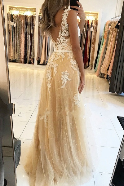 A-Line V Neck Open Back Lace Floor-length  Ruffles Prom Dress